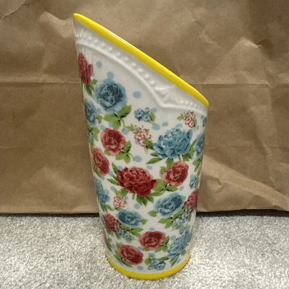 The Pioneer Woman Floral Utensil Holder Vase Stoneware Yellow, Red/Blue 8 Inch.